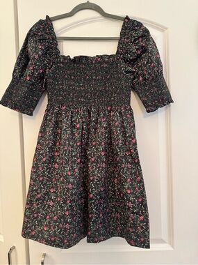 Hill House Black Floral Smocked Puff-Sleeve Dress